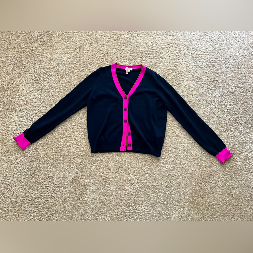 Worn once then dry cleaned.  Jigsaw navy merino wool cardigan with color trim